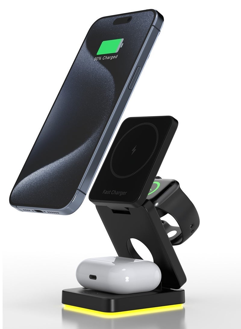 Bukela Fast Wireless Charger, Magnetic Foldable 3 in 1 Charging Station compatible with iPhone 16/15/14/13/12/Pro/Plus/Pro Max,15W Portable Charger for Apple Watch10/9/8/7/6/5/4/3/SE, compatible with Airpods3/2/Pro Black - Image 1