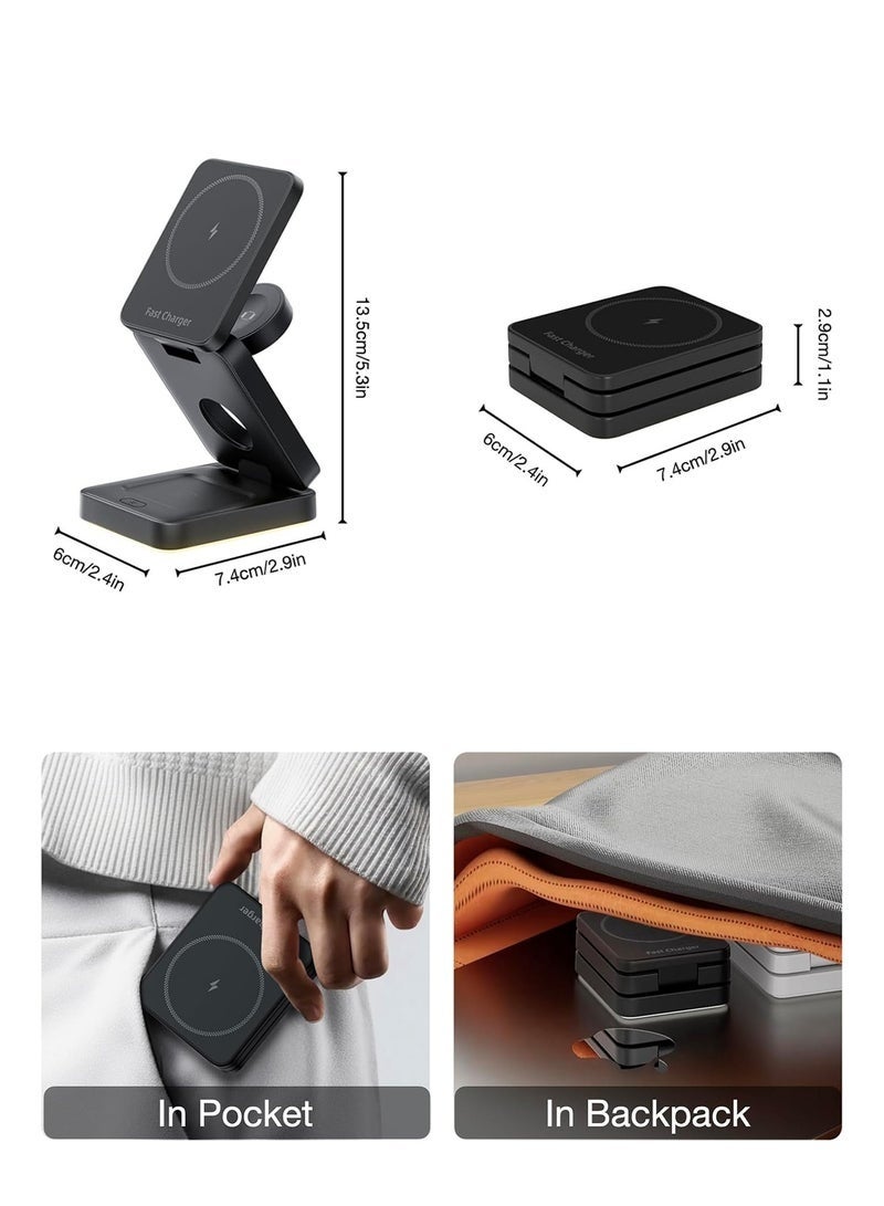 Bukela Fast Wireless Charger, Magnetic Foldable 3 in 1 Charging Station compatible with iPhone 16/15/14/13/12/Pro/Plus/Pro Max,15W Portable Charger for Apple Watch10/9/8/7/6/5/4/3/SE, compatible with Airpods3/2/Pro Black - Image 4