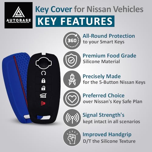 Autobase Silicone Key Fob Cover for 2023 2024 2025 Nissan Rogue Pathfinder Sentra | Rubber Remote Key Fob Protector Case with 5 Buttons - Black and Blue - 2 Pcs - Image 3