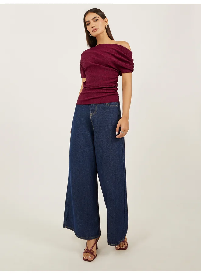 Styli Styli Women Burgundy Textured Asymmetric Neck Knit Top