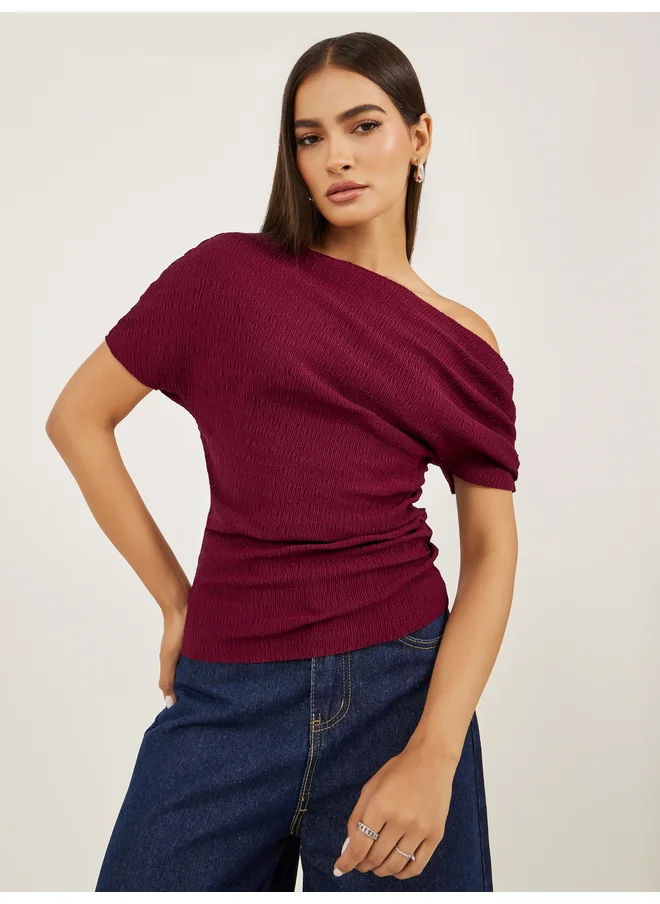 Styli Styli Women Burgundy Textured Asymmetric Neck Knit Top