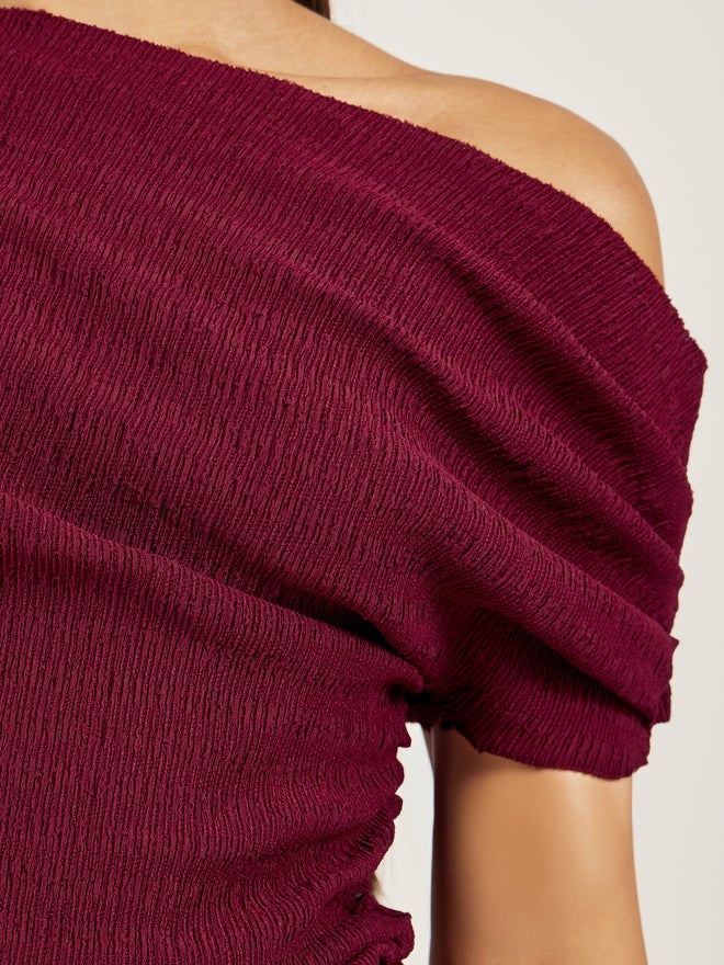 Styli Women Burgundy Textured Asymmetric Neck Knit Top - Image 3