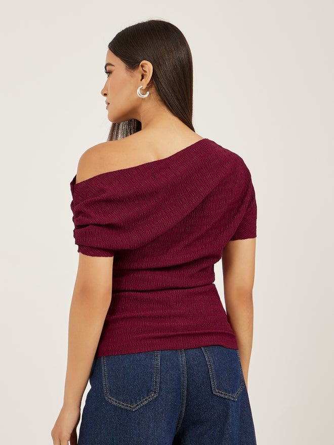 Styli Women Burgundy Textured Asymmetric Neck Knit Top - Image 4