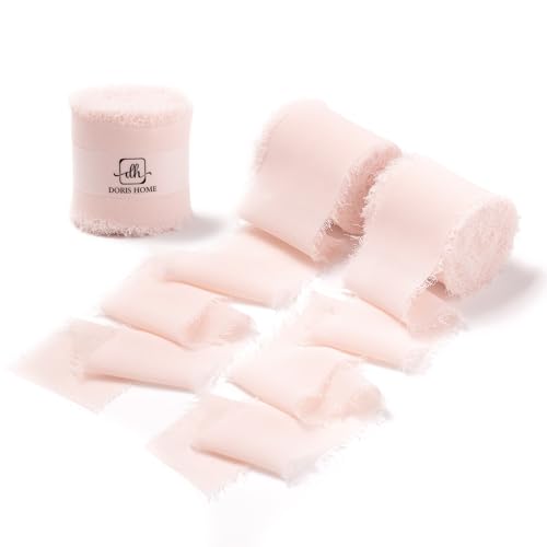 DORIS HOME Pink Chiffon Ribbon for Flower Bouquet, 2" x21Yd Fabric Ribbon for Gift Wrapping, Handmade Frayed Ribbon for Wedding, Chiffon Silk Ribbon for Christmas Decorations - Image 1