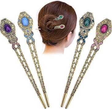 NW 4 Pcs Chinese Vintage Rhinestone Hair Clip Chignon Pin Hair Decor flower Hairpin Metal Hair Stick for Women - Image 1