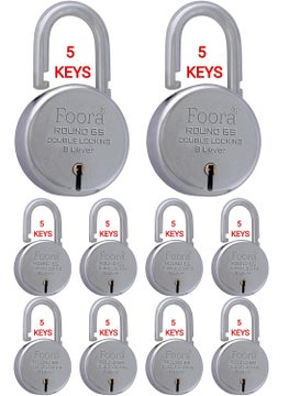 Foora Foora Round 65 Padlock with 5 KeysSteel Double Locking 8 Lever Silver Steel Lever 65mm Pack of 10  - Image 1