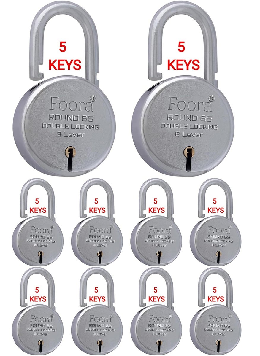 Foora Foora Round 65 Padlock with 5 KeysSteel Double Locking 8 Lever Silver Steel Lever 65mm Pack of 10  - Image 1