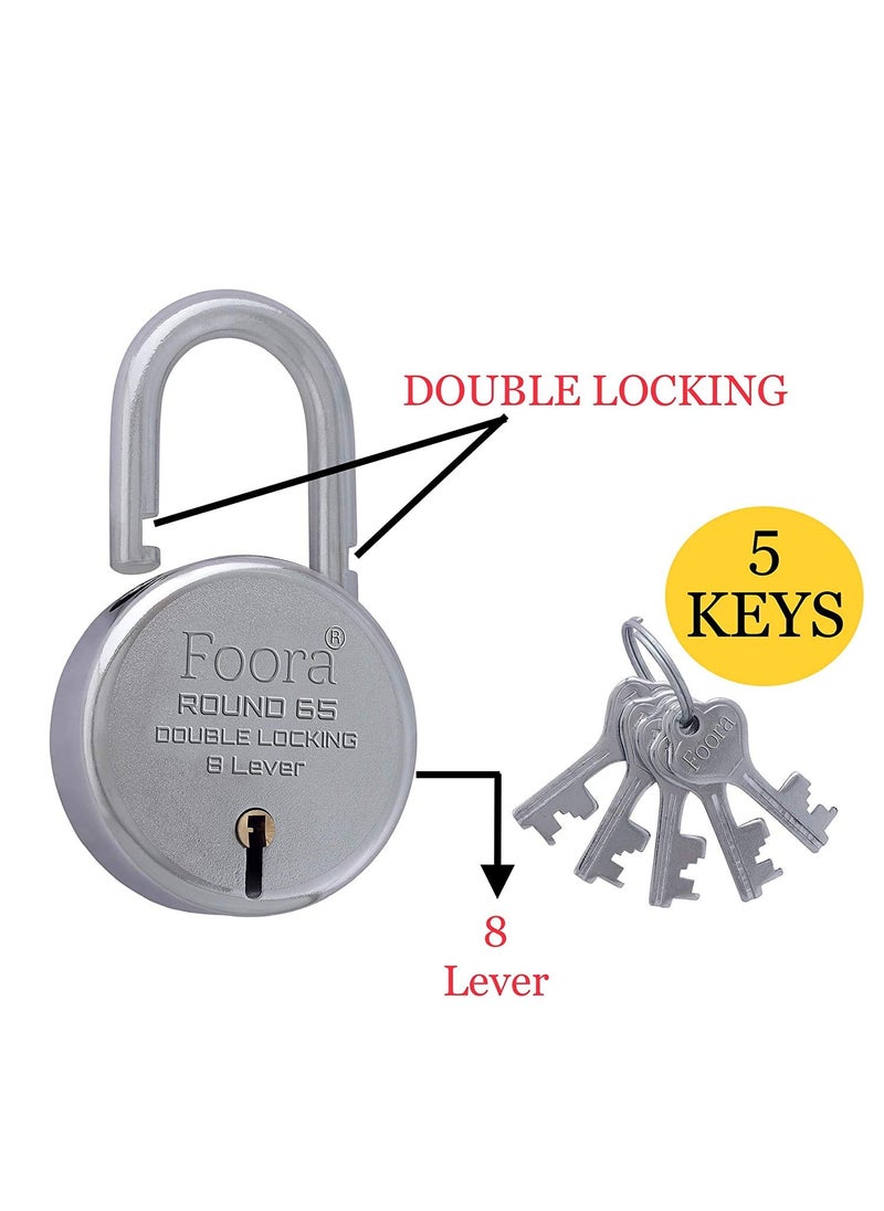 Foora Foora Round 65 Padlock with 5 KeysSteel Double Locking 8 Lever Silver Steel Lever 65mm Pack of 10  - Image 2