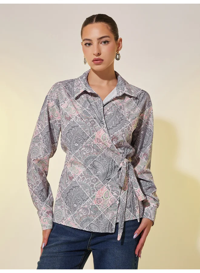 تايك تو Take Two All-Over Print Long Sleeve Wrap Top