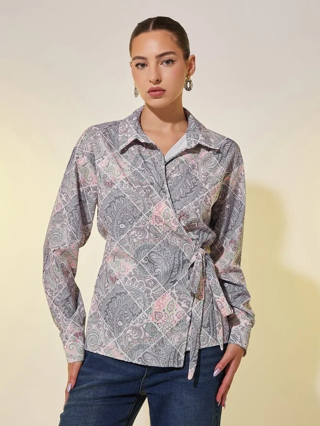 Take Two All-Over Print Long Sleeve Wrap Top