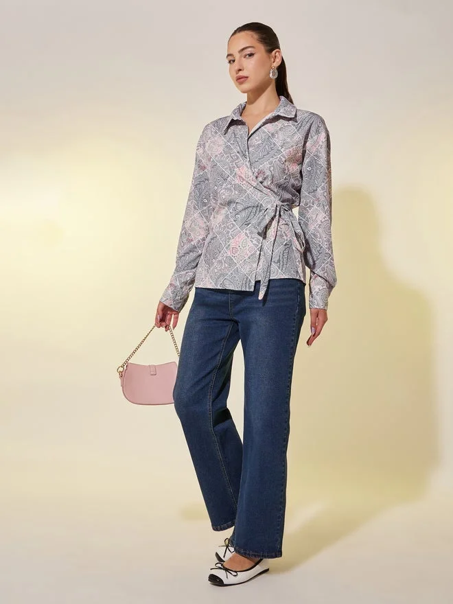 Take Two All-Over Print Long Sleeve Wrap Top