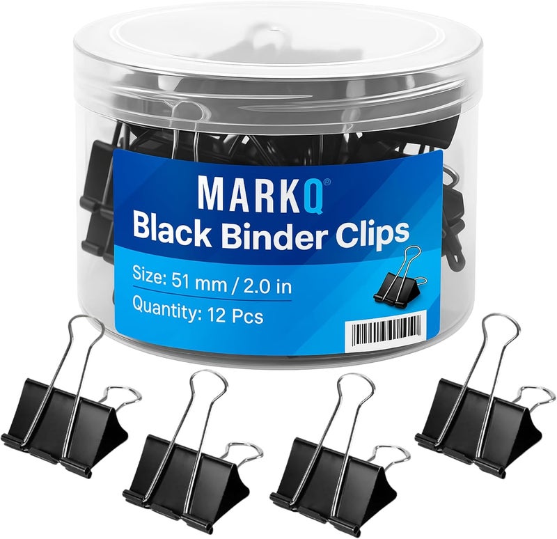 مارك مشابك أوراق معدنية باللون الأسود | مشابك قوية مقاومة للصدأ لتثبيت الأوراق والملفات، مثالية للمكتب والمنزل والمدرسة – مقاس كبير جدًا 51 ملم – عبوة من 12 مشبك - Image 1