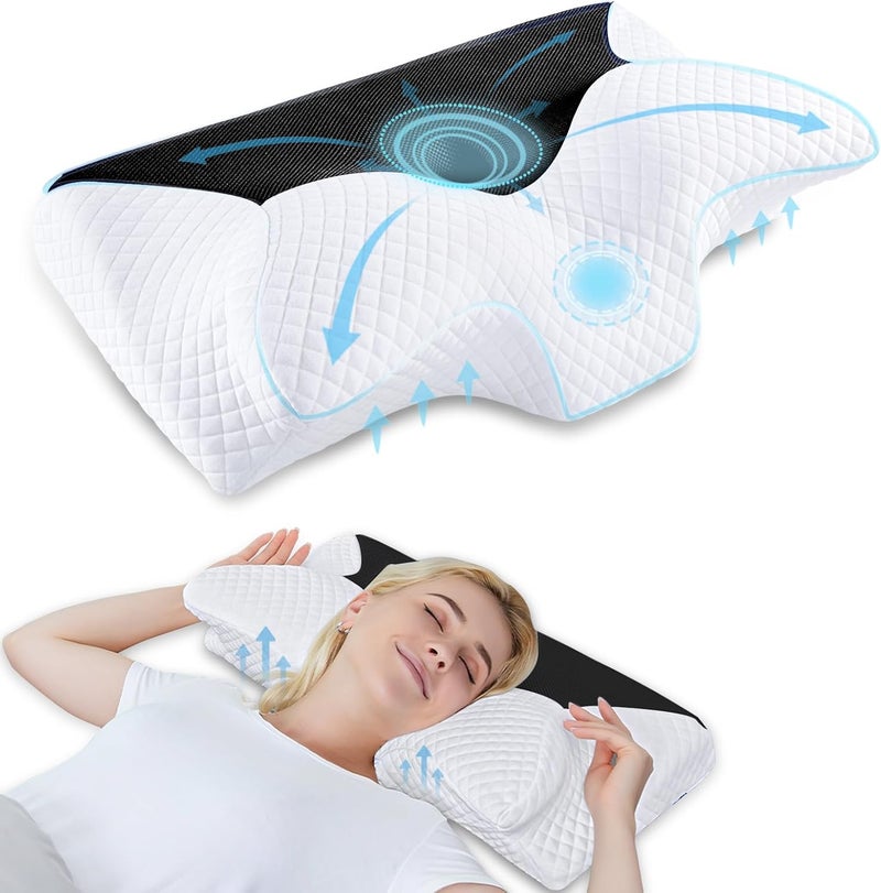 HOMCA Neck Pillow Cervical Memory Foam Pillows for Pain Relief, Orthopedic Contoured for Side, Back, and Stomach Sleepers, Ergonomic Pillow for Bed Sleeping with Breathable Pillowcase (Black) - Image 1