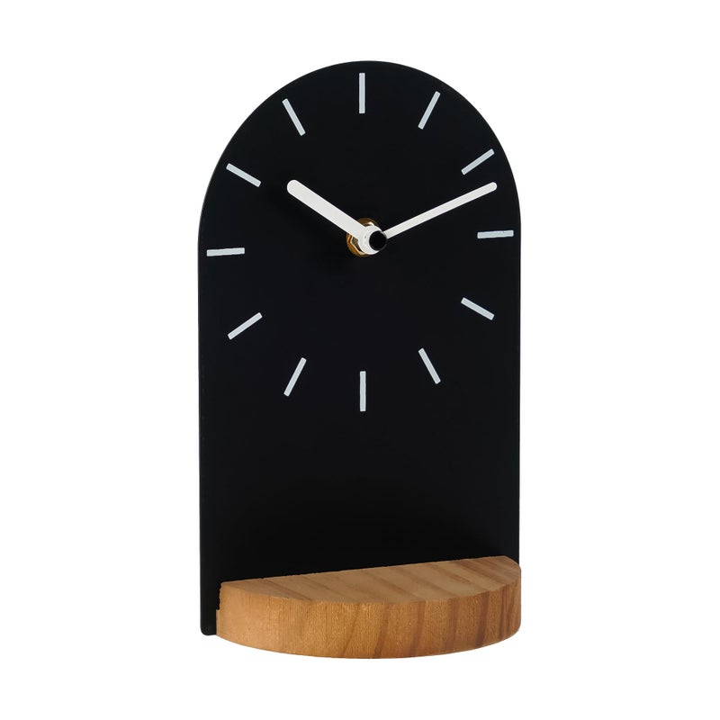 SOFFEE DESIGN OnePiece Table Clock Iron Sheet with Wooden Base Ins Style Desktop Clock Non Ticking Battery Operated for Living Room Bedroom Home Decor Black