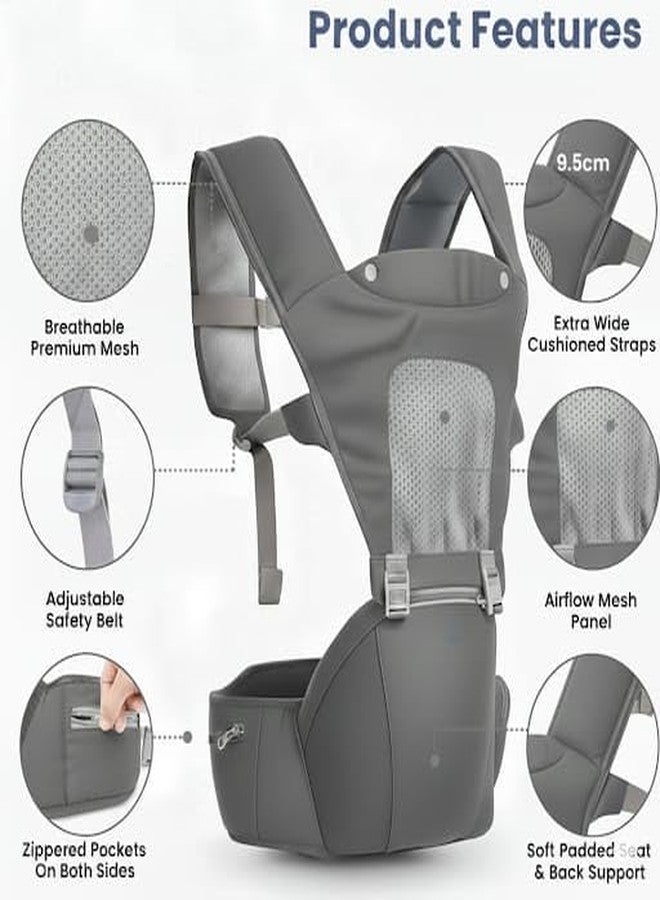 hierax Baby Carrier Bag with Hip Seat, Ergonomic Design with Breathable Mesh Panels, Multiple Carrying Positions, Leather Gray (Leather Gray) - Image 3