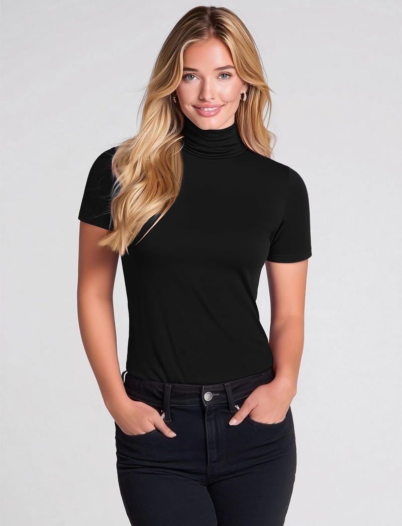 Zengjo Turtleneck Shirts for Women Stretch High Neck Top Short Sleeve Fitted Womens Tshirt (019-Black,XL) - Image 2
