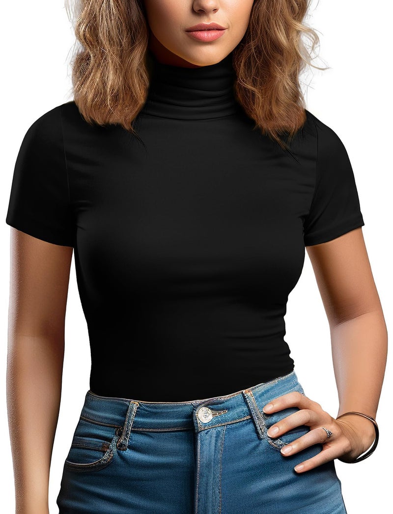 Zengjo Turtleneck Shirts for Women Stretch High Neck Top Short Sleeve Fitted Womens Tshirt (019-Black,XL) - Image 1
