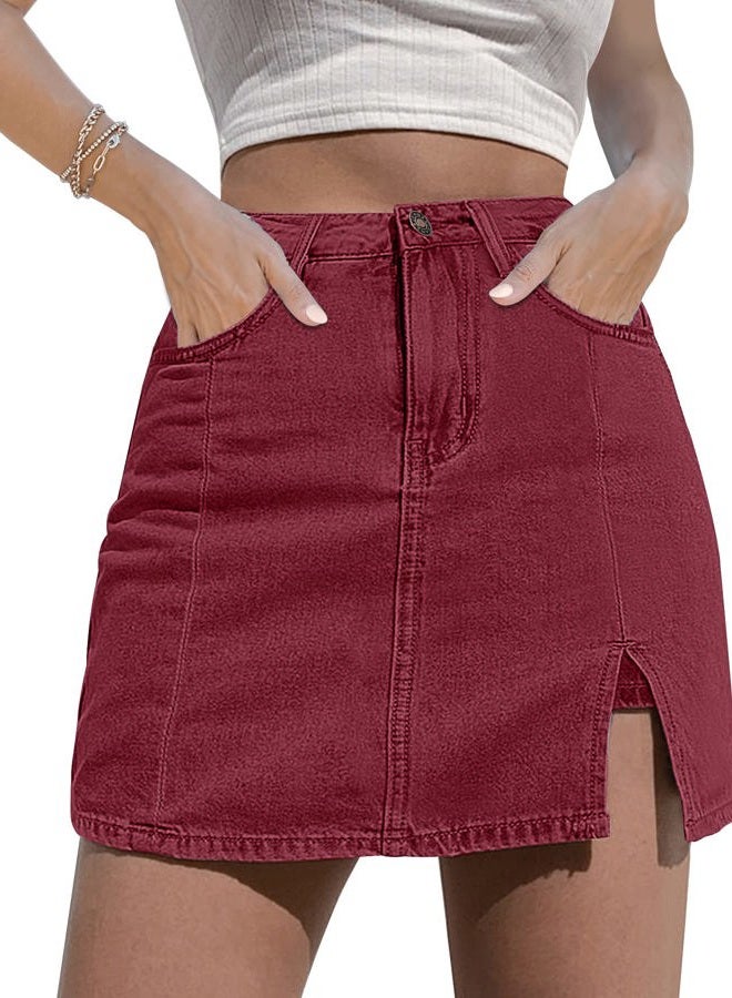 luvamia Skorts Skirts for Women Denim Mini Skirt Side Slit with High Waisted Jean Shorts Stretchy Skorts Skirts for Women Casual Mini Jean Skirt High Waisted Skort Viva Magenta Rumba Red Size XLarge - Image 1