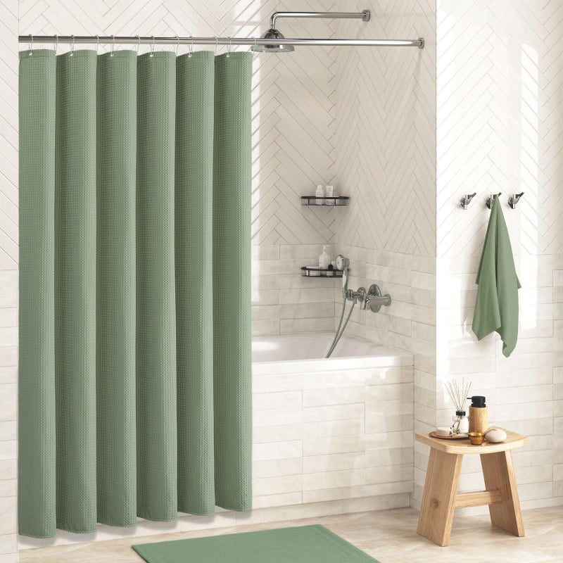 Dynamene Sage Green Shower Curtain - Waffle Textured Heavy Duty Thick Fabric Shower Curtains for Bathroom, 256GSM Luxury Weighted Polyester Cloth Bath Curtain Set with 12 Plastic Hooksï¼Œ72Wx72H,Green - Image 2