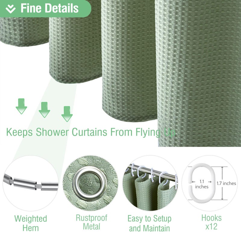 Dynamene Sage Green Shower Curtain - Waffle Textured Heavy Duty Thick Fabric Shower Curtains for Bathroom, 256GSM Luxury Weighted Polyester Cloth Bath Curtain Set with 12 Plastic Hooksï¼Œ72Wx72H,Green - Image 5