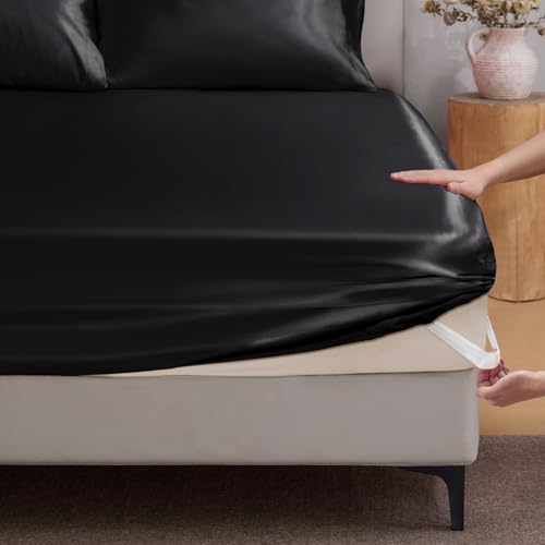 BEDELITE Satin Fitted Sheet Full Size with Elastic Corner Straps Luxury Soft SilkLike Bed Sheet for Hair Skin 1 Deep Pocket Fitted Sheet Only Fits 15 Mattress Fade Wrinkle Resistant Black - Image 1