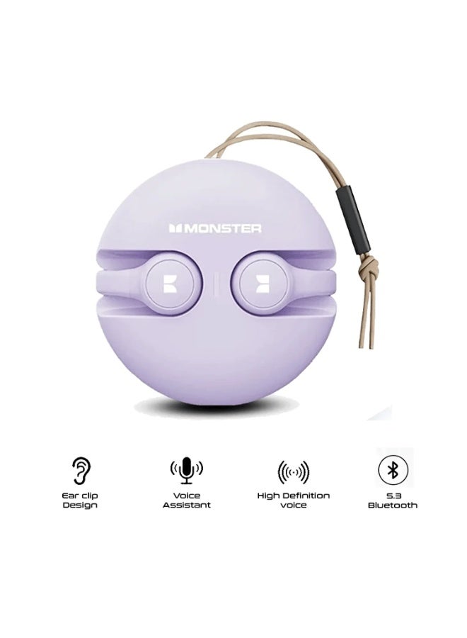 Monster Ear Clip Bluetooth Headset – Bluetooth 5.3, Seamless Connectivity, Hifi Sound Wireless Earbuds, & 22+hr Battery Life, Purple - Image 2
