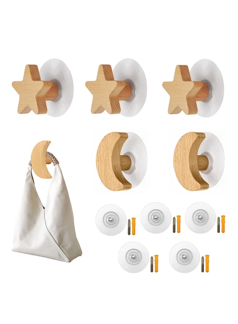 5 Pack Wooden Wall Hooks for Hanging Coat, Clothes, Hat, Towels, Bags, Natural Beech Wood Hooks, Wall Mounted Heavy Duty Hanger for Bathroom, Entryway, Decorative Wall Hooks - Image 1