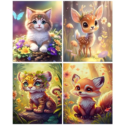 Meothan Diamond Art Kits for Adults - 4 Pack Animals Diamond Painting Kits for Adults, 5D Round Full Drill Gem Art Paint by Diamonds Pictures DIY Crafts Kits 9.8 x 13.8 inch (Cat Fox Deer and Tiger) - Image 1