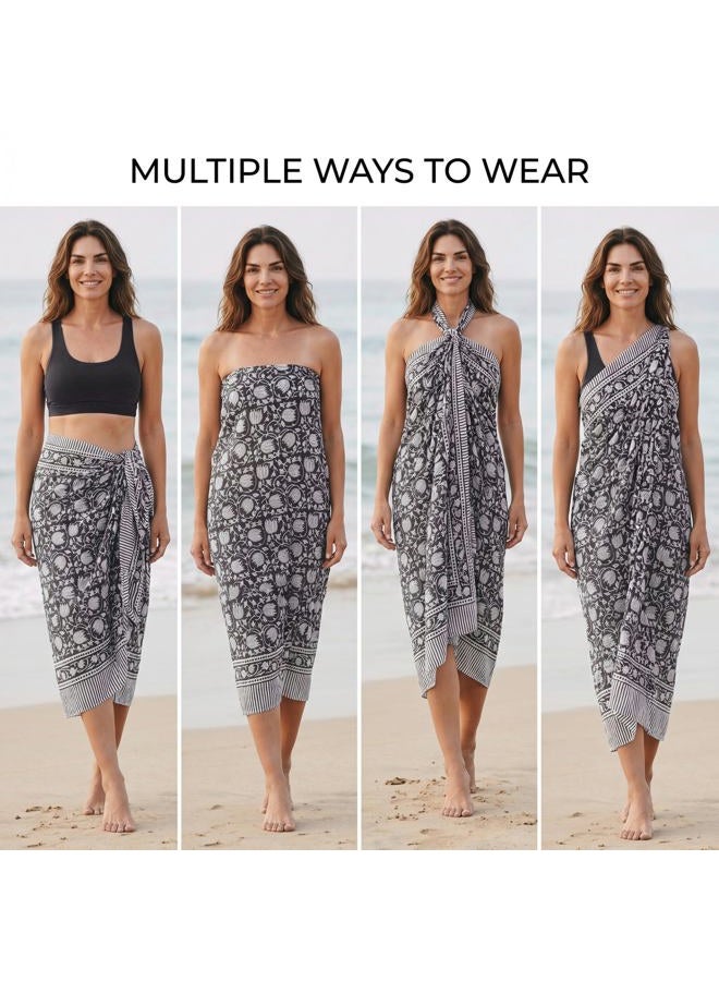 Third Eye Export Hand Block Printed Cotton Sarong Wraps for Women – Lightweight Beach Swimsuit Cover Up, One Size Pareo 73 x 44 In, Black Floral Print, One size - Image 4