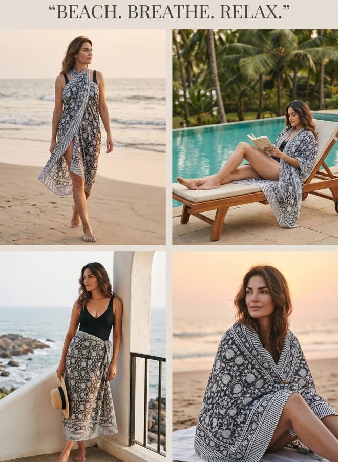 Third Eye Export Hand Block Printed Cotton Sarong Wraps for Women – Lightweight Beach Swimsuit Cover Up, One Size Pareo 73 x 44 In, Black Floral Print, One size - Image 3
