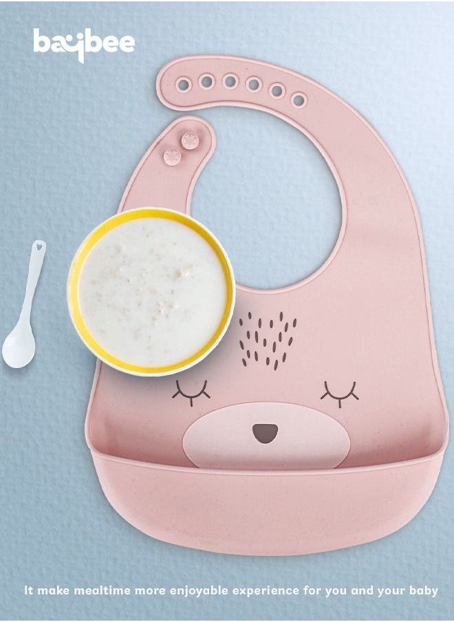 BAYBEE - Baybee Baby Silicone Waterproof Bibs for New Born with Pocket & 6 Adjustable Neckline Buttons | Baby Feeding Bib for infants with Reusable, Easy Cleaning Bibs for Boys Girls 6 - 12 months (Pink) - Image 1