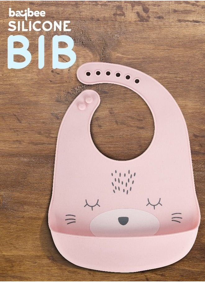 BAYBEE - Baybee Baby Silicone Waterproof Bibs for New Born with Pocket & 6 Adjustable Neckline Buttons | Baby Feeding Bib for infants with Reusable, Easy Cleaning Bibs for Boys Girls 6 - 12 months (Pink) - Image 1