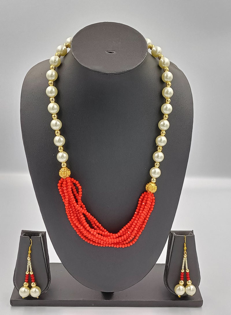Faux Pearl Inlaid Necklace and Earrings 2-piece Fashion Jewelry Set for Women and Girls  - Image 1