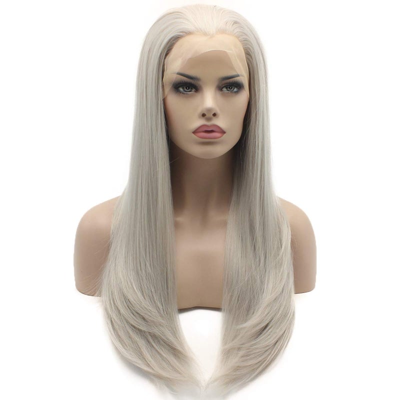 Lushy Straight Long Grey Wig Half Hand Tied Heat Friendly Heavy Density Synthetic Lace Front Wig