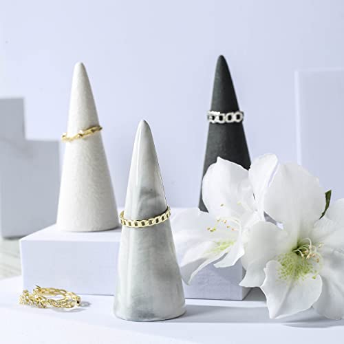 oskas Marble Ring Holder Tower Ceramic Cone Shape Modern Decorative Display Stand for Jewelry Ring/Wedding Ring 2PCS SET Grey - Image 5