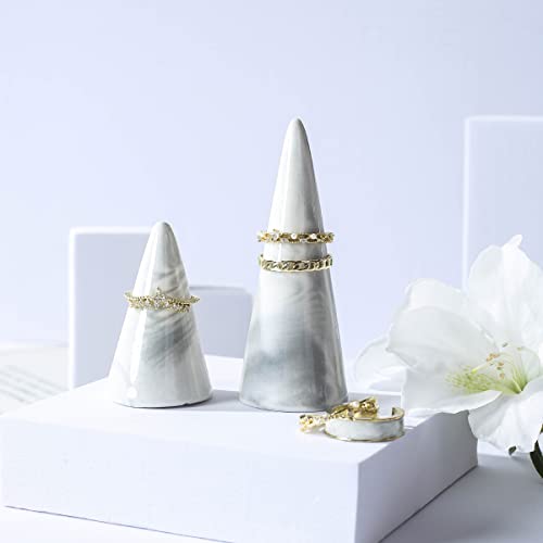 oskas Marble Ring Holder Tower Ceramic Cone Shape Modern Decorative Display Stand for Jewelry Ring/Wedding Ring 2PCS SET Grey - Image 2