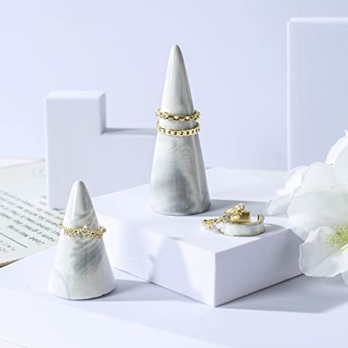oskas Marble Ring Holder Tower Ceramic Cone Shape Modern Decorative Display Stand for Jewelry Ring/Wedding Ring 2PCS SET Grey - Image 4