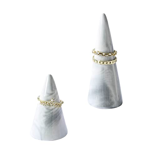oskas Marble Ring Holder Tower Ceramic Cone Shape Modern Decorative Display Stand for Jewelry Ring/Wedding Ring 2PCS SET Grey - Image 1
