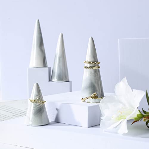 oskas Marble Ring Holder Tower Ceramic Cone Shape Modern Decorative Display Stand for Jewelry Ring/Wedding Ring 2PCS SET Grey - Image 3