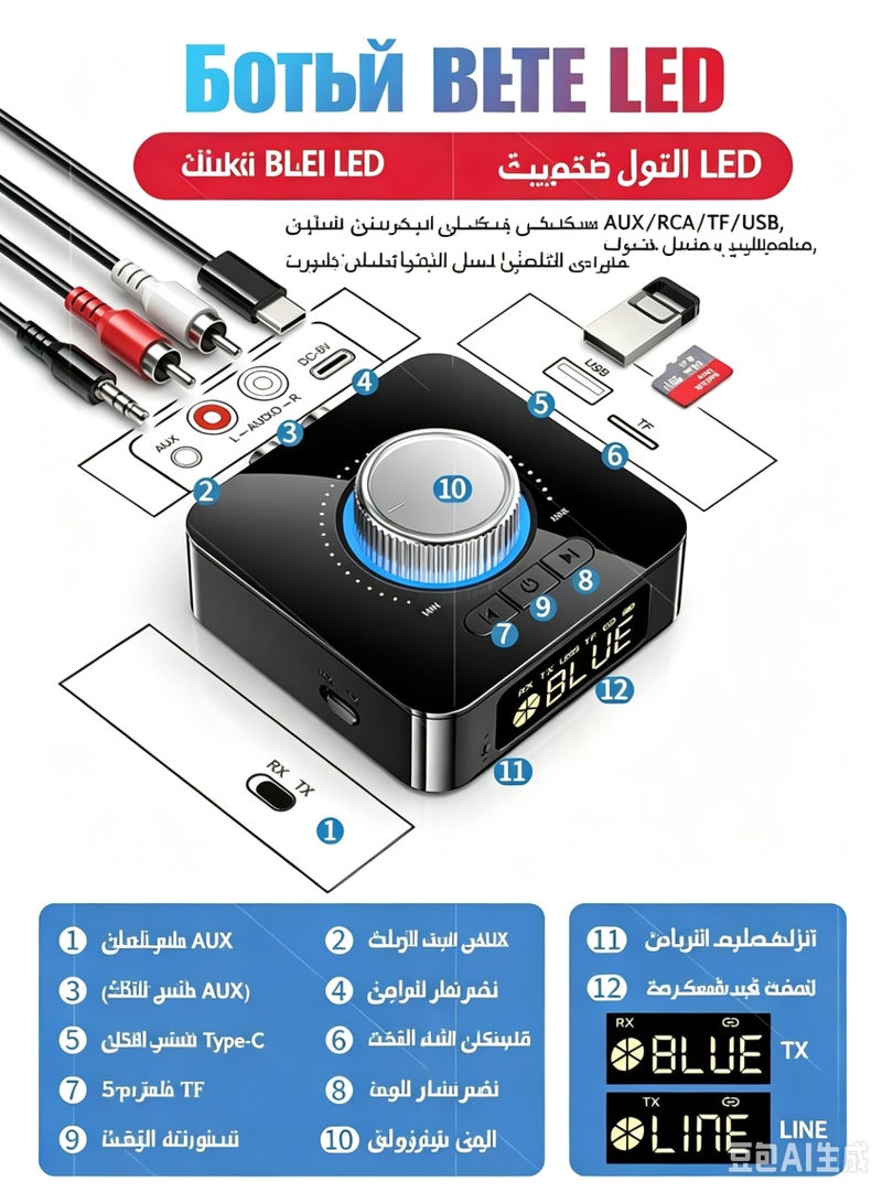 Bluetooth 6.0 Audio Receiver Transmitter Wireless Adapter with AUX RCA USB TF Card Playback - Image 5