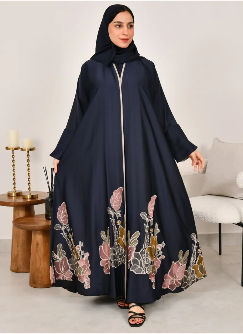 HAWRAA ABAYA Navy blue wrap abaya with embroidery at the bottom of the abaya