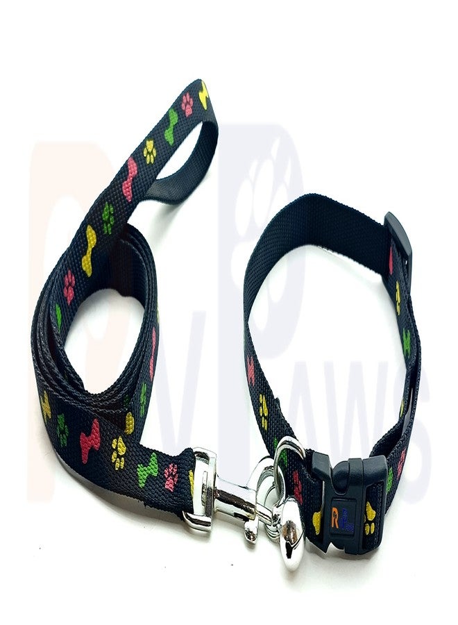 Pups&Pets 15 MM Nylon Collar and Leash Set Puppy Printed with Bell, Adjustable Buckle Collar with Leash Set Ideal for Training/Walking Small & Medium Dogs (Black, Pattern 01) - Image 2