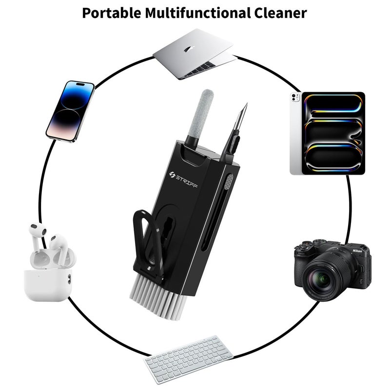 Striff طقم تنظيف لابتوب 8 في 1 للهواتف المحمولة، آيفون، آيربودز، لوحة المفاتيح، جهاز تنظيف الشاشة متعدد الوظائف مع حامل موبايل - أسود - Image 2