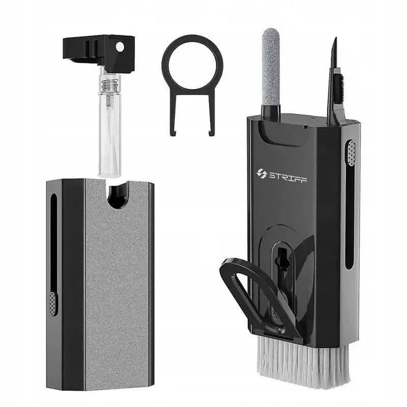 Striff طقم تنظيف لابتوب 8 في 1 للهواتف المحمولة، آيفون، آيربودز، لوحة المفاتيح، جهاز تنظيف الشاشة متعدد الوظائف مع حامل موبايل - أسود - Image 1