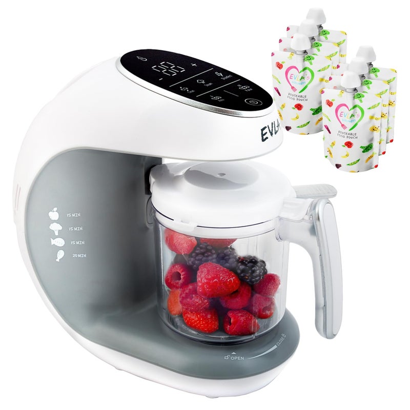 EVLA'S EVLAS Baby Food Maker Steamer Blender Baby Food Processor for Healthy Homemade Baby Food in Minutes Touch Screen with 6 Reusable Food Pouches Baby Registry Essential White 