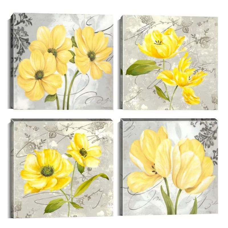 Wall HDQ Yellow Flowers Wall Decor Gray Abstract Print Canvas Bathroom Home Decor Decals Pictures 4 Panels Poster for Bedroom Living Room Office Painting Yellow and Gray Grey Framed Ready to Hang(12x12inchx4) - Image 1