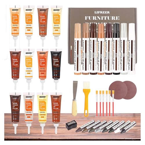 Lifreer Wood Furniture Repair Kit - 40 Pcs Wood Filler, Touch Up Markers with Wax Sticks - for Wood Floors, Stains, Scratches,Tables, Door, Carpenters, Bedposts - Image 1