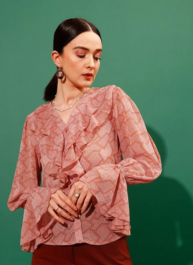 STREET 9 بلوزة نسائية بكشكشة وطبعات هندسية