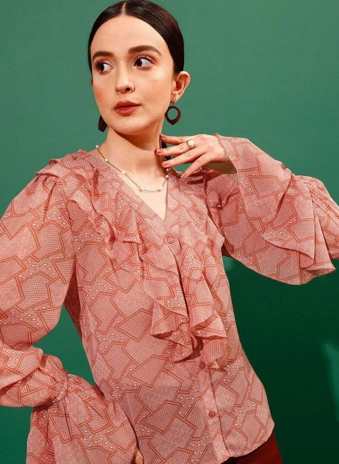 Geometric Printed Ruffled Top for Women