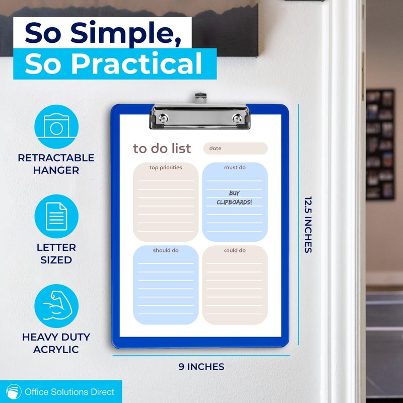 Office Solutions Direct Blue Plastic Clipboard with Low Profile Clip (Pack of 6) - Letter Size Clip Board Blue with Flat Clip, A4 Size Acrylic Clipboard for Boys and Girls | Cute Aesthetic College & Back to School Supplies - Image 2